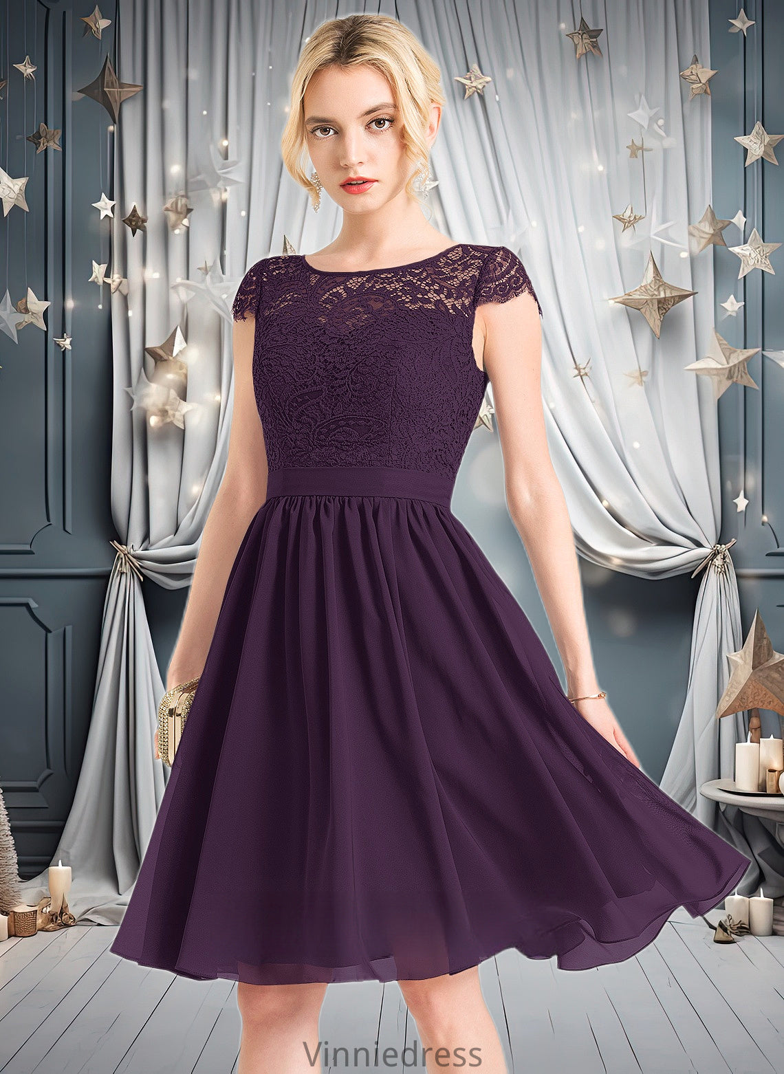 Riya A-line Scoop Knee-Length Lace Chiffon Homecoming Dress PP6P0025698