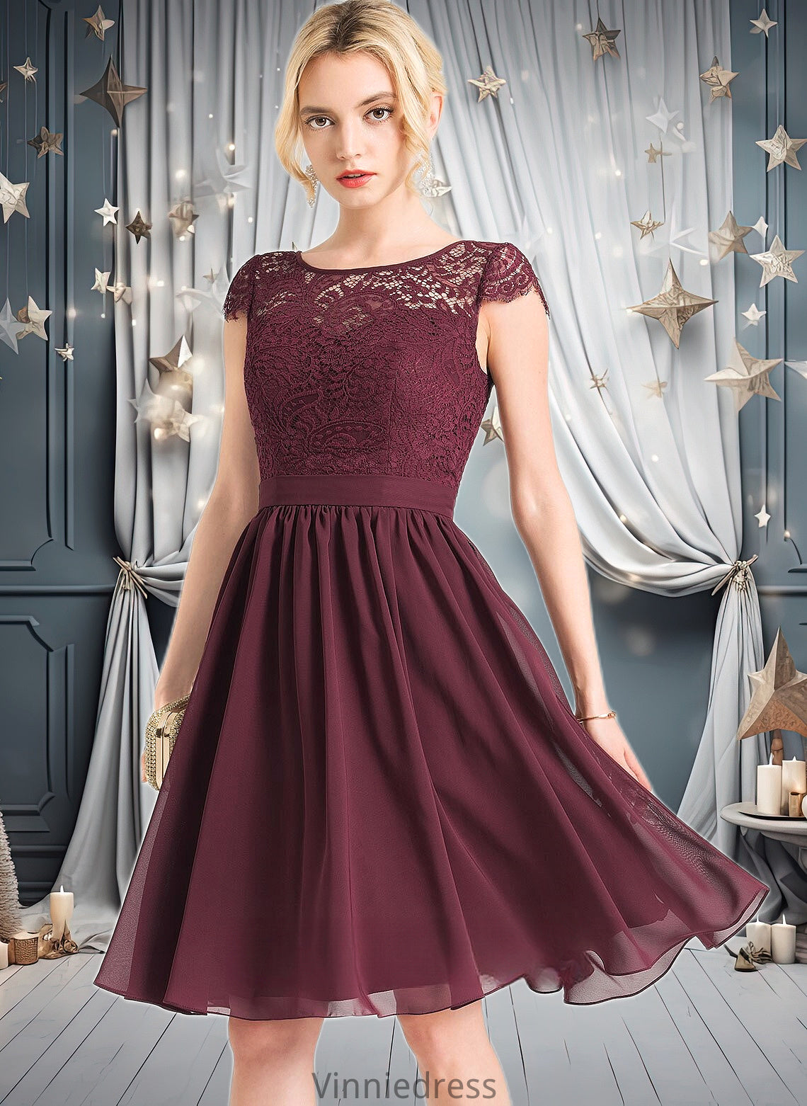 Riya A-line Scoop Knee-Length Lace Chiffon Homecoming Dress PP6P0025698