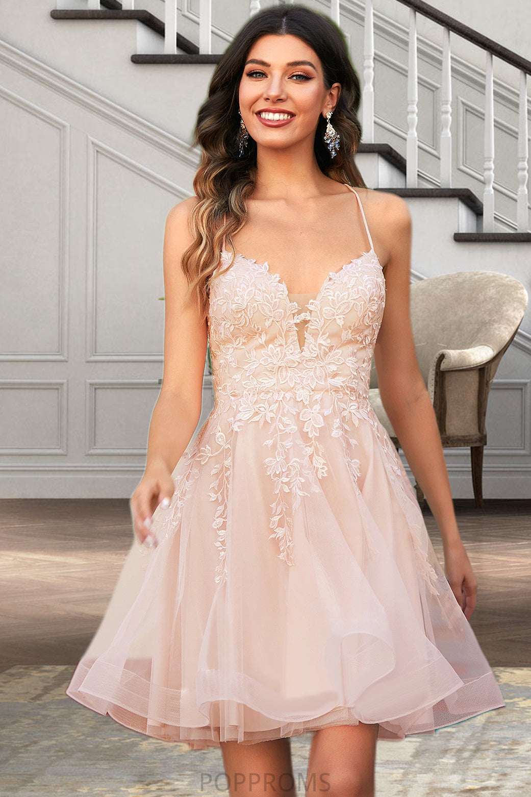 Lexie A-line V-Neck Short/Mini Lace Tulle Homecoming Dress With Sequins PP6P0020500