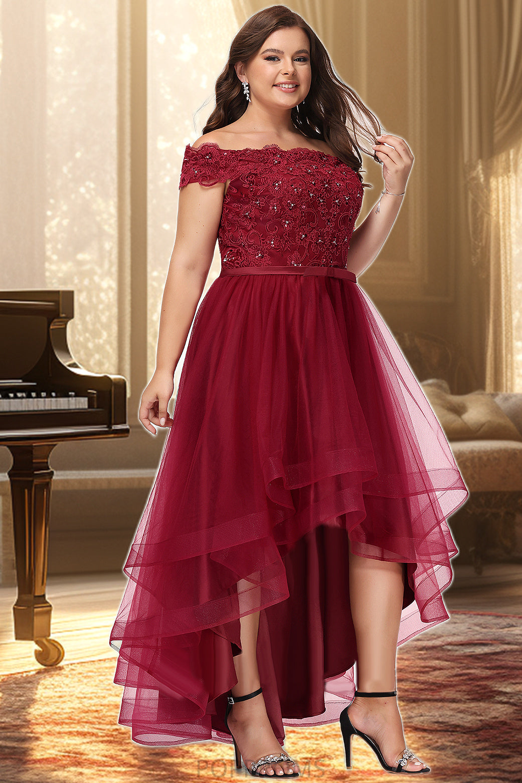 Jasmine A-line Off the Shoulder Asymmetrical Lace Tulle Homecoming Dress With Beading Bow Sequins PP6P0020535