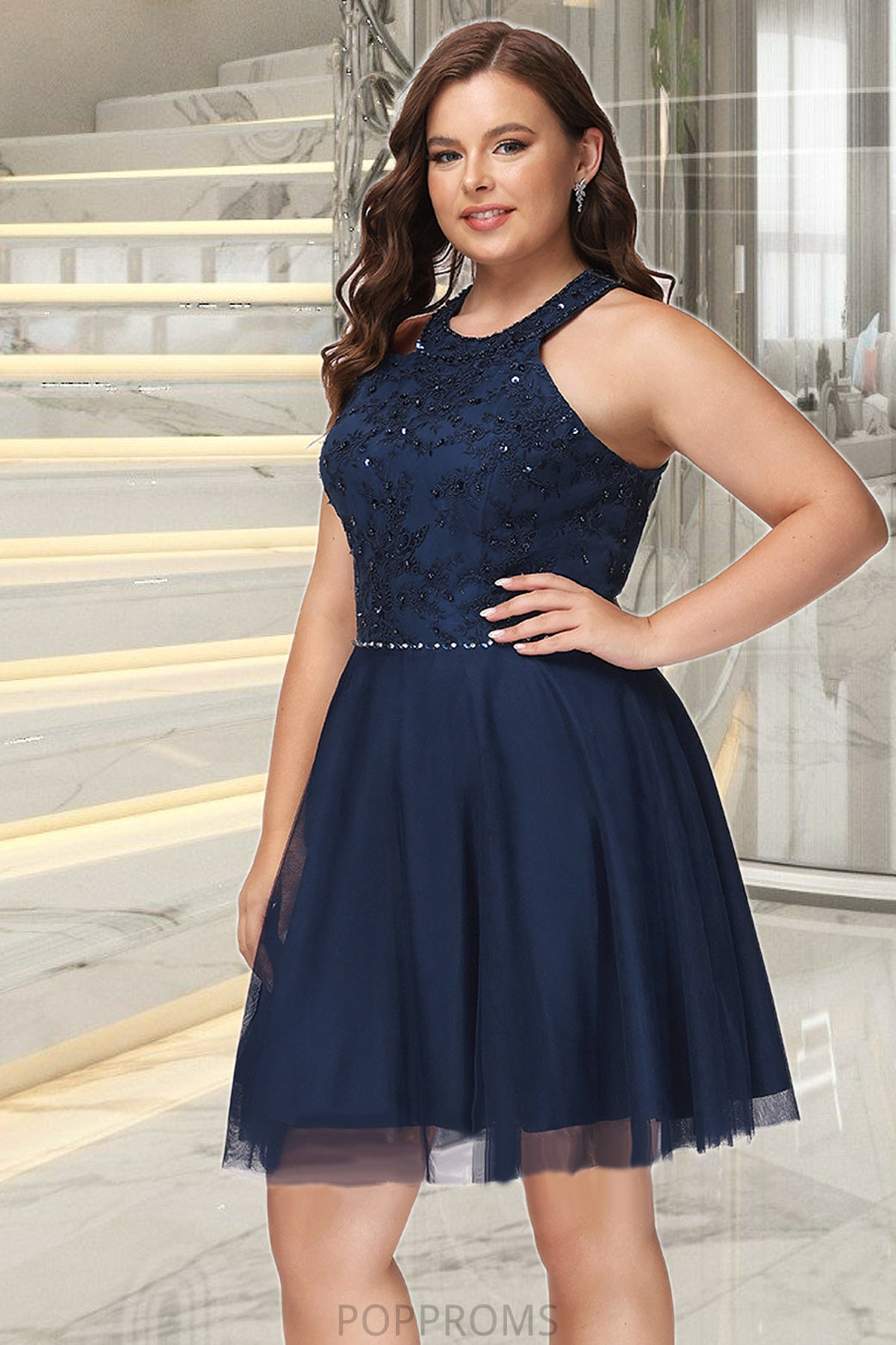 Jacquelyn A-line Scoop Short/Mini Lace Tulle Homecoming Dress With Beading PP6P0020560