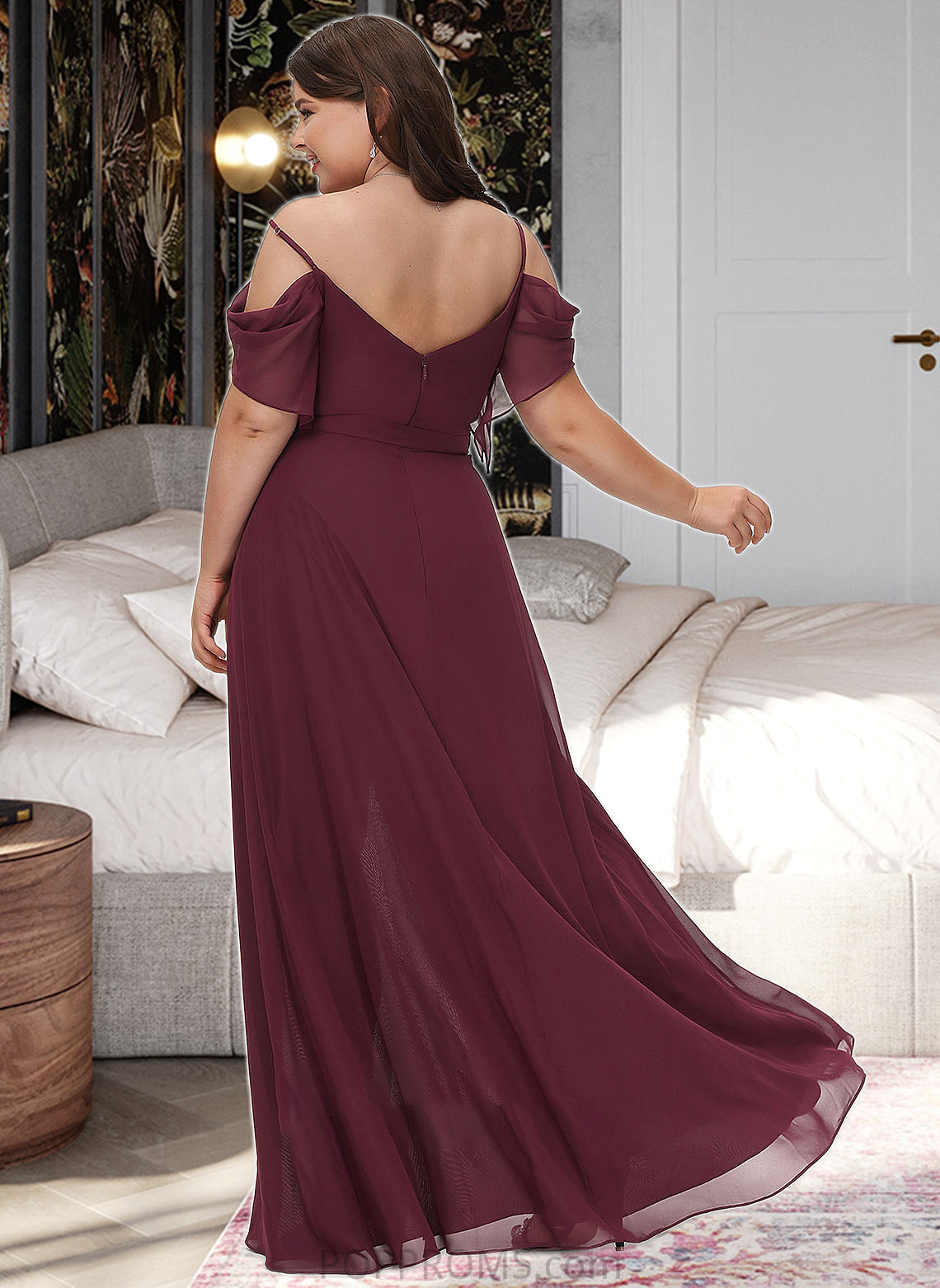 Zoe A-Line V-neck Floor-Length Bridesmaid Dress With Ruffle Split Front PP6P0012772