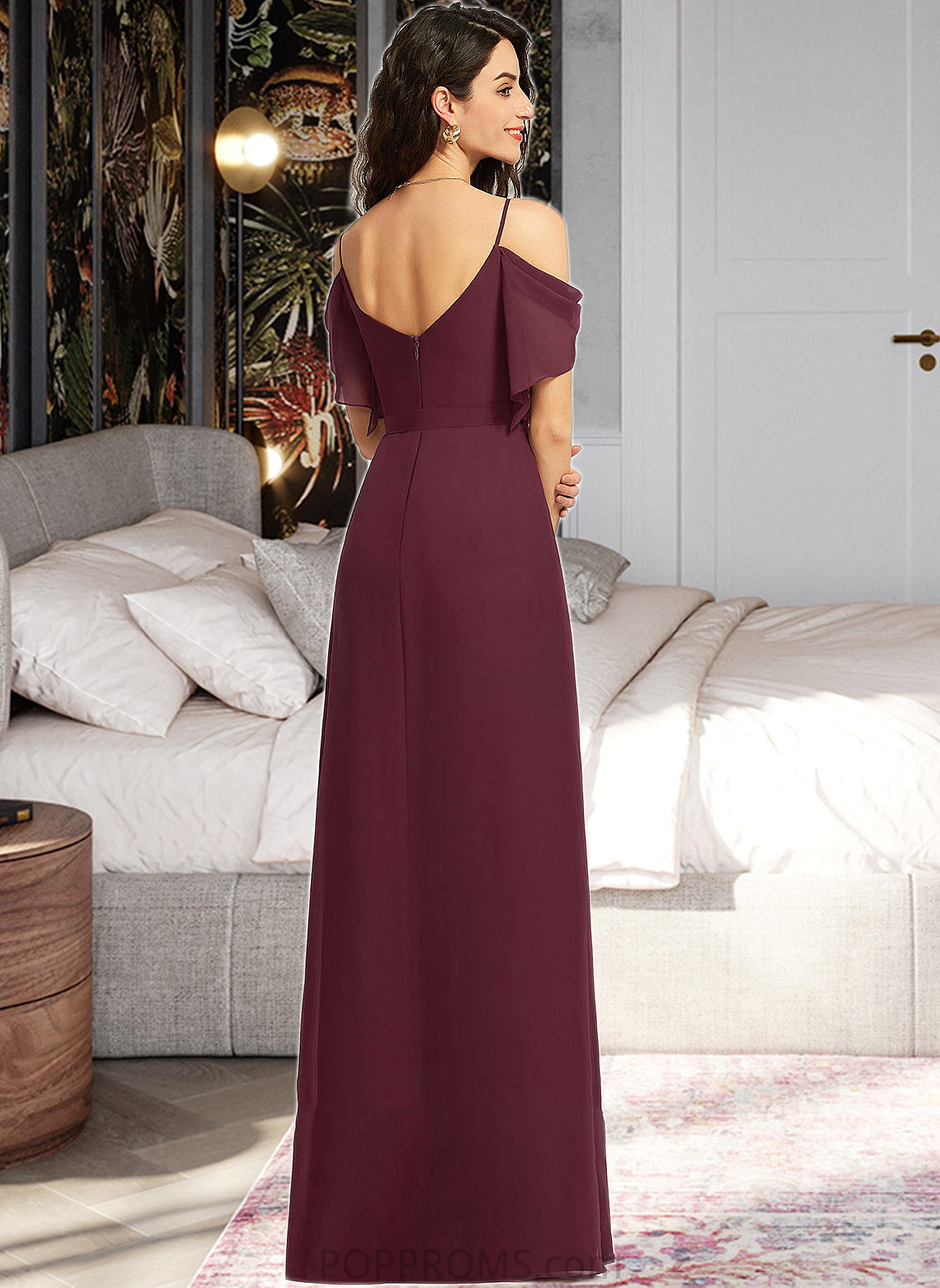 Zoe A-Line V-neck Floor-Length Bridesmaid Dress With Ruffle Split Front PP6P0012772