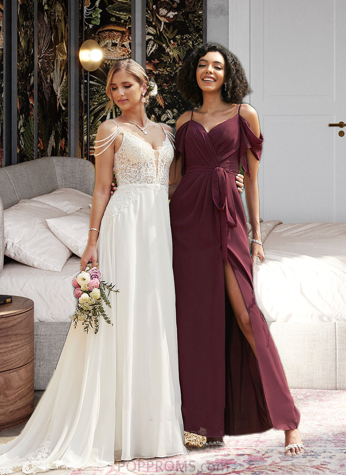 Zoe A-Line V-neck Floor-Length Bridesmaid Dress With Ruffle Split Front PP6P0012772