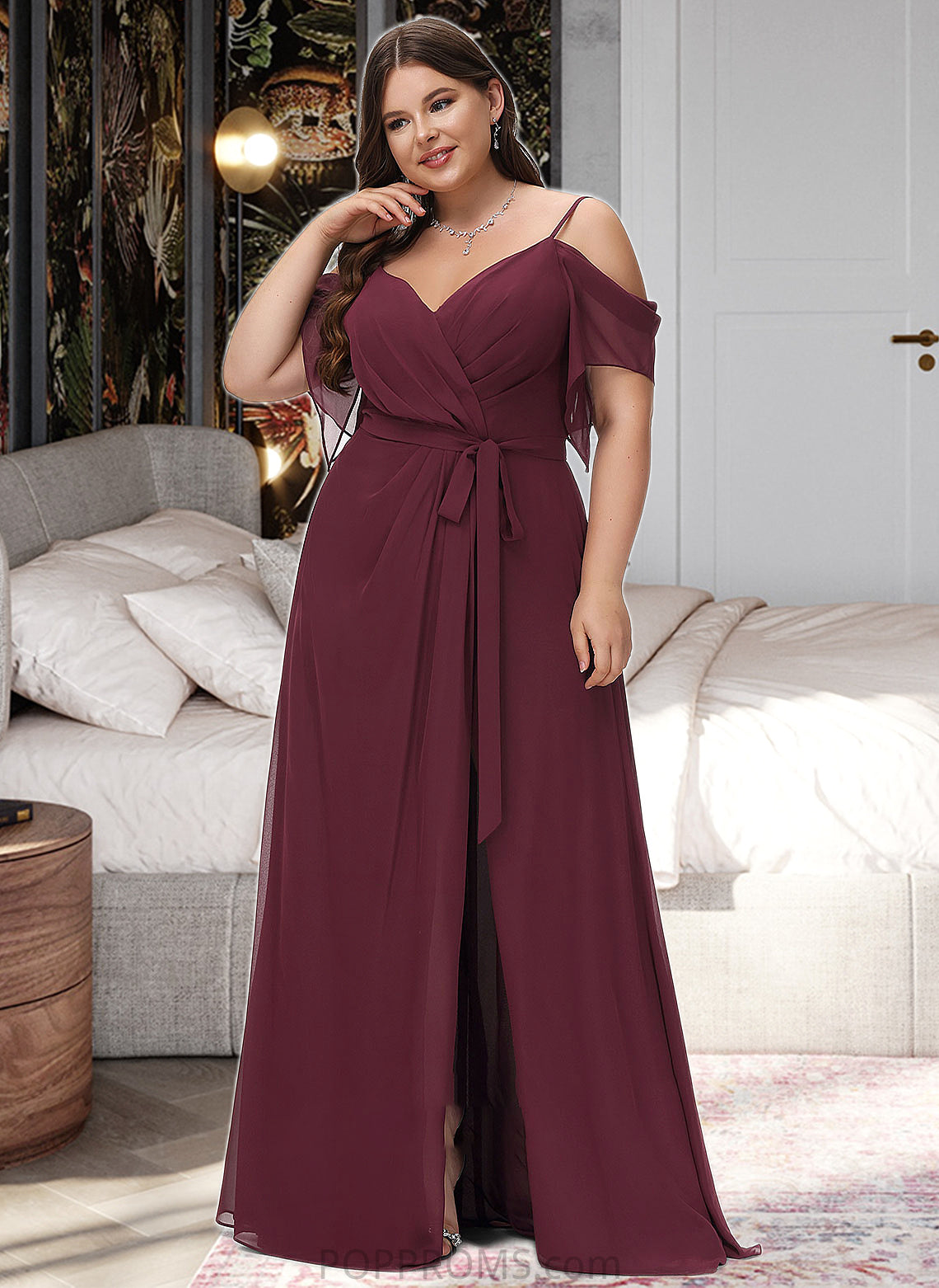 Zoe A-Line V-neck Floor-Length Bridesmaid Dress With Ruffle Split Front PP6P0012772