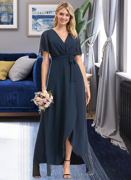 Val A-Line V-neck Asymmetrical Chiffon Bridesmaid Dress With Bow(s) PP6P0012783