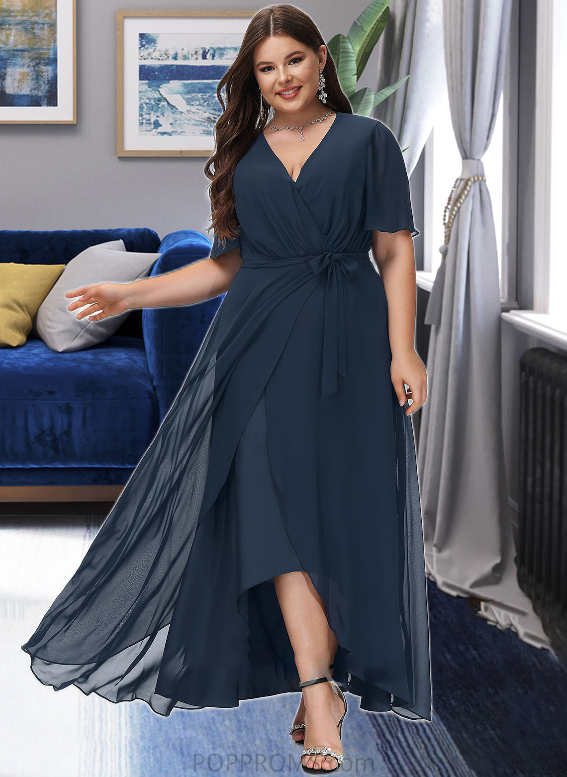 Val A-Line V-neck Asymmetrical Chiffon Bridesmaid Dress With Bow(s) PP6P0012783