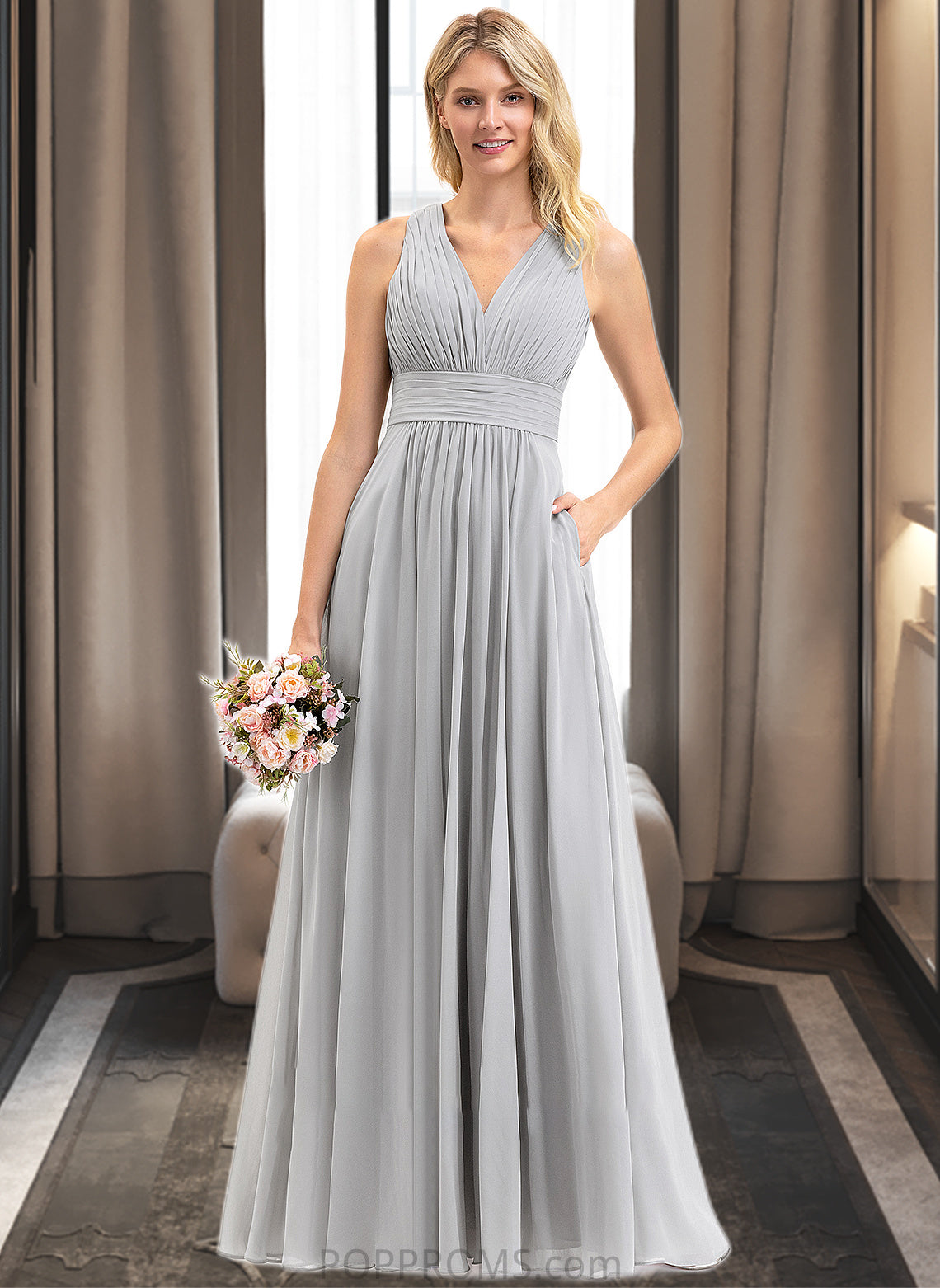 Trinity A-Line V-neck Floor-Length Chiffon Bridesmaid Dress With Ruffle Bow(s) Pockets PP6P0012797