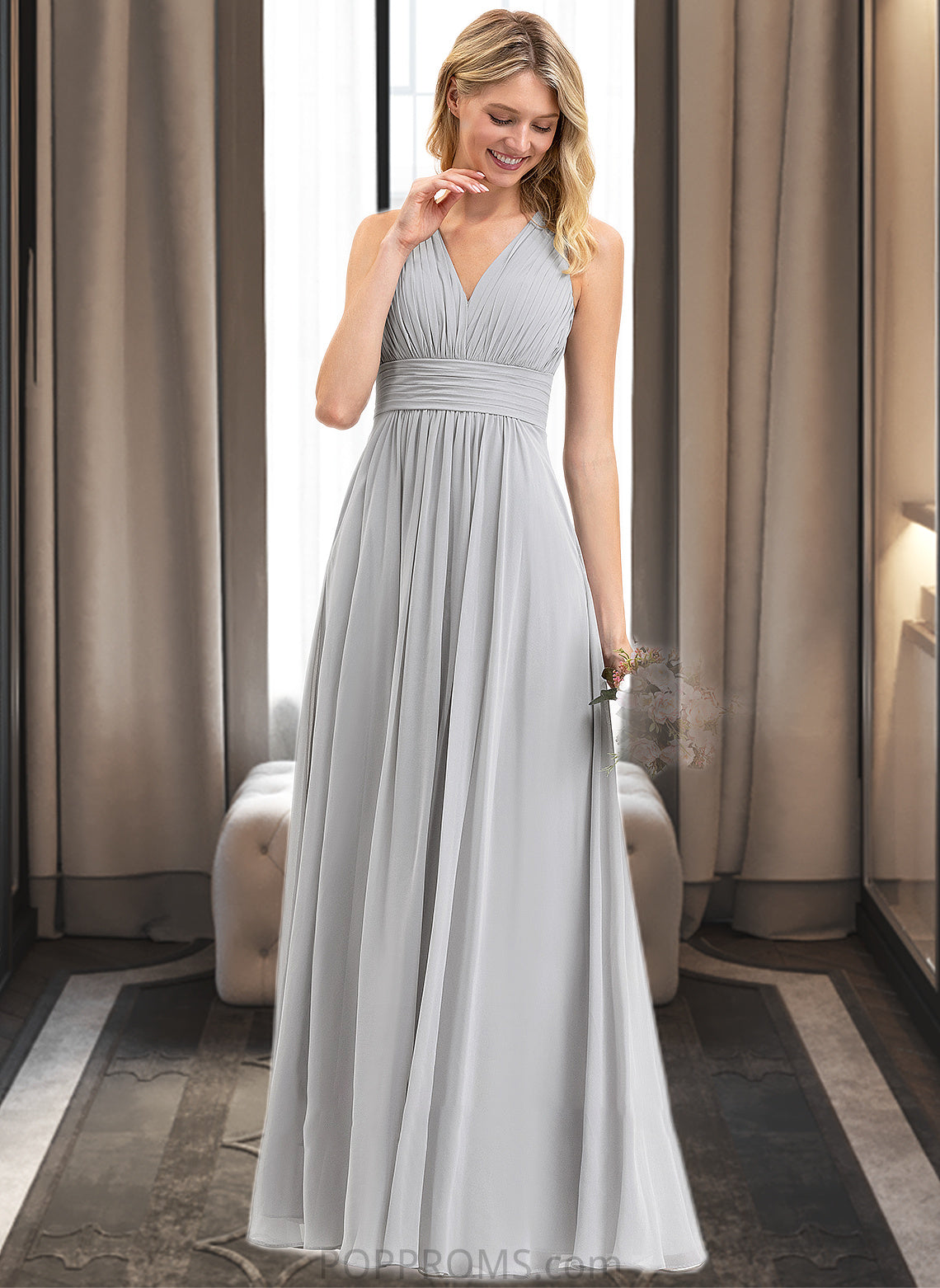 Trinity A-Line V-neck Floor-Length Chiffon Bridesmaid Dress With Ruffle Bow(s) Pockets PP6P0012797