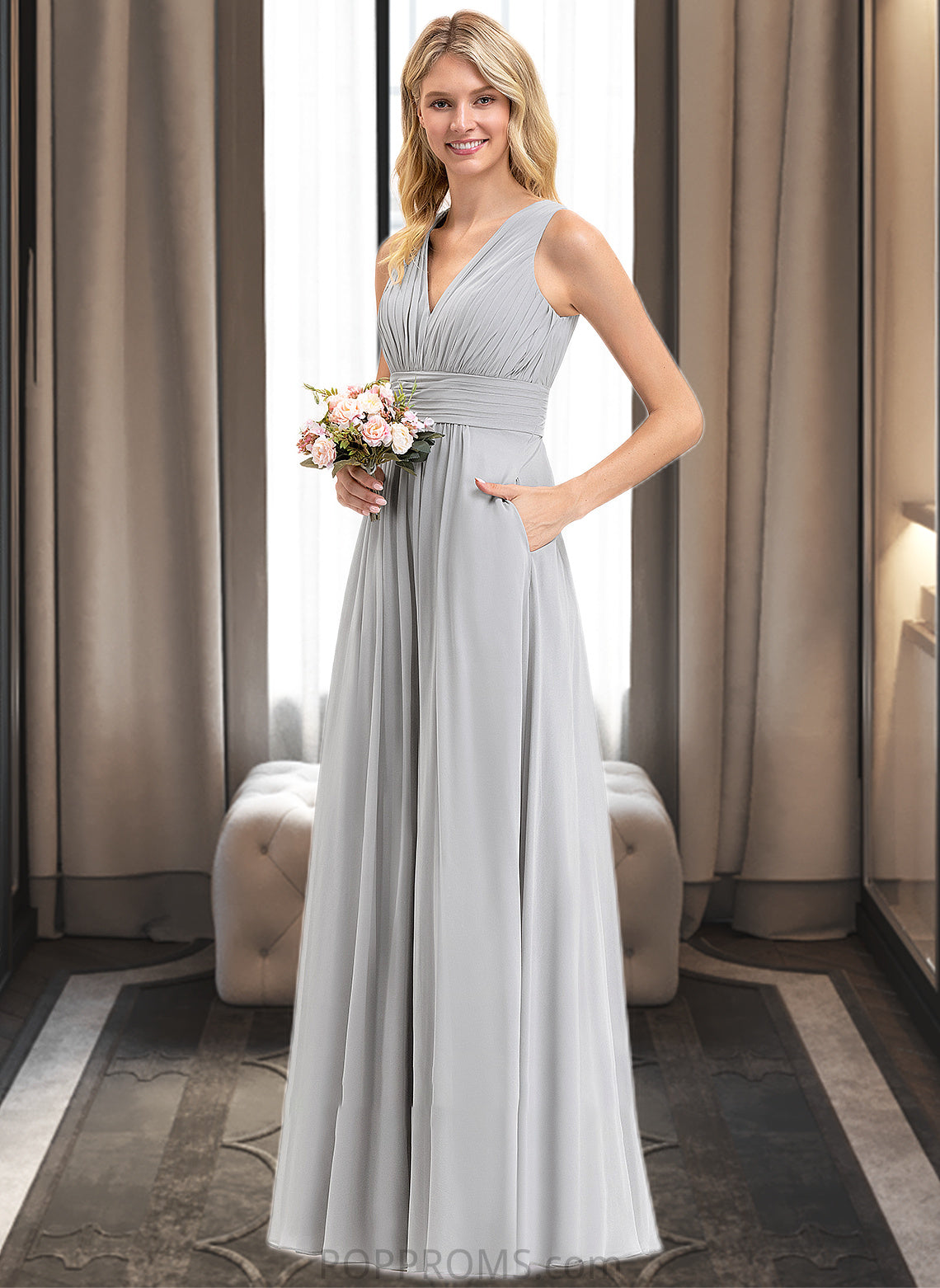 Trinity A-Line V-neck Floor-Length Chiffon Bridesmaid Dress With Ruffle Bow(s) Pockets PP6P0012797