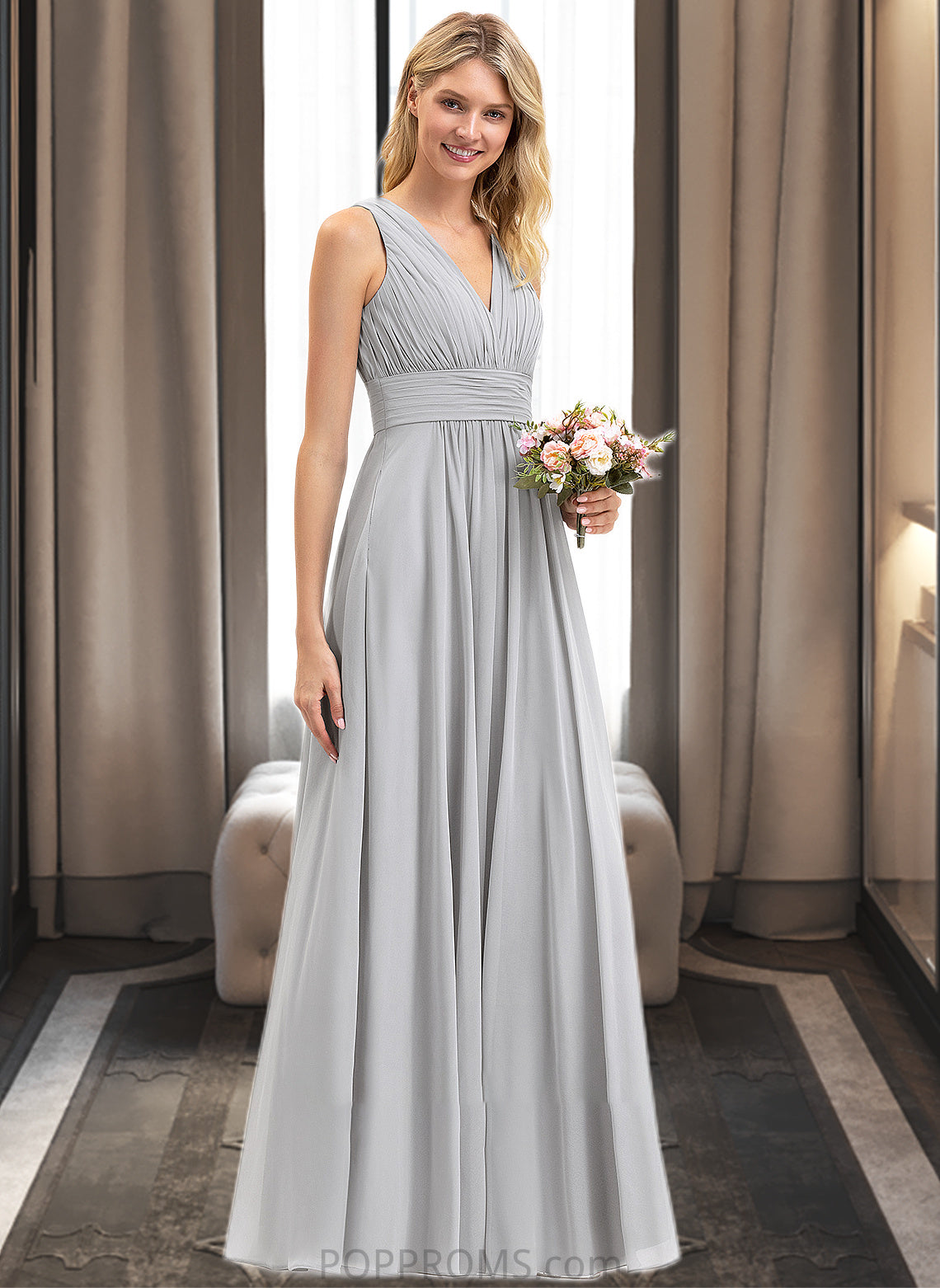 Trinity A-Line V-neck Floor-Length Chiffon Bridesmaid Dress With Ruffle Bow(s) Pockets PP6P0012797