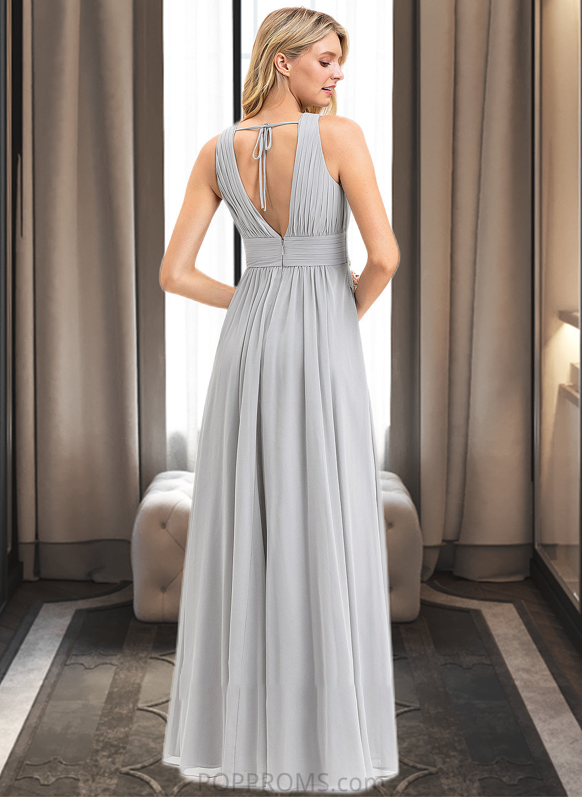 Trinity A-Line V-neck Floor-Length Chiffon Bridesmaid Dress With Ruffle Bow(s) Pockets PP6P0012797