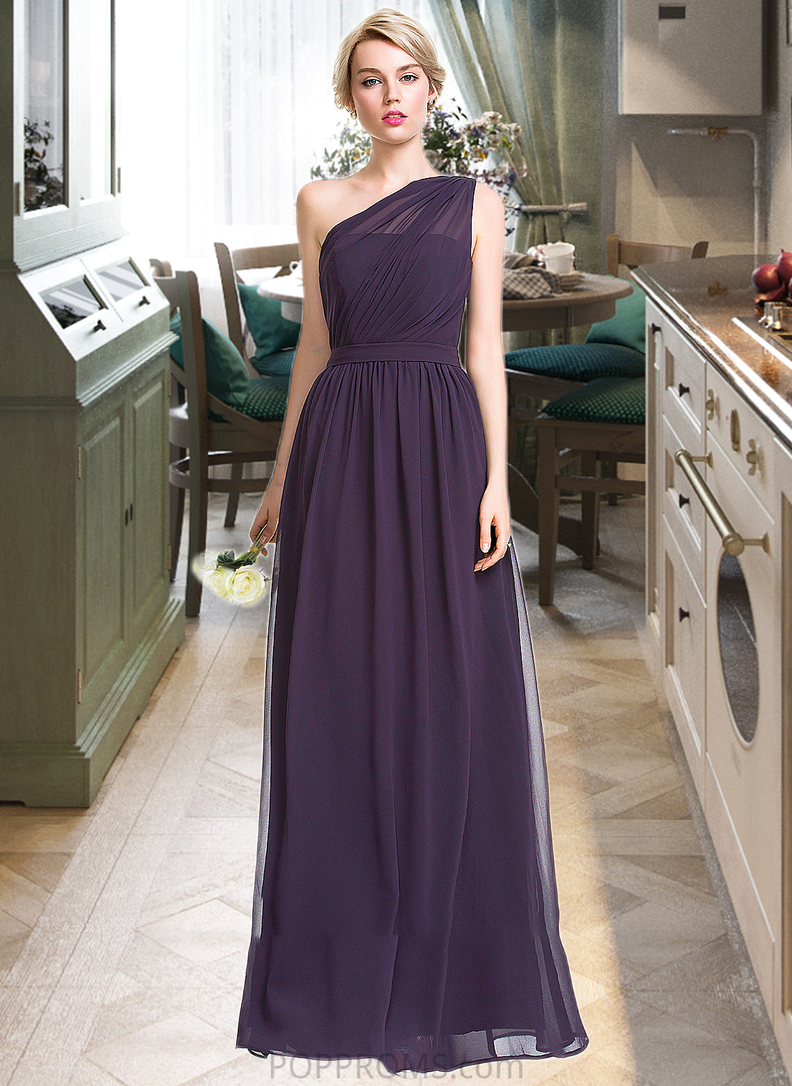 Viv A-line One Shoulder Floor-Length Chiffon Bridesmaid Dress With Ruffle PP6P0012803