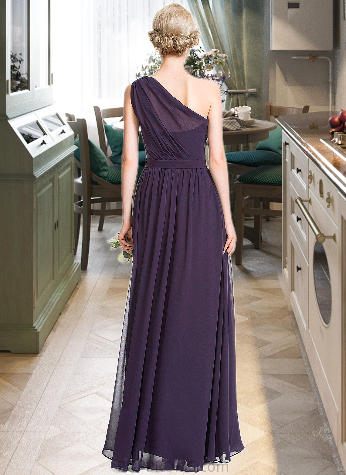 Viv A-line One Shoulder Floor-Length Chiffon Bridesmaid Dress With Ruffle PP6P0012803