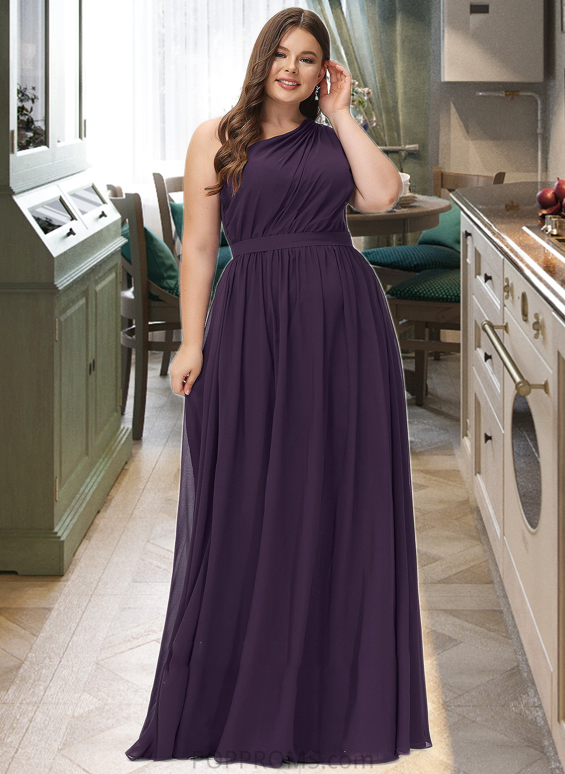 Viv A-line One Shoulder Floor-Length Chiffon Bridesmaid Dress With Ruffle PP6P0012803