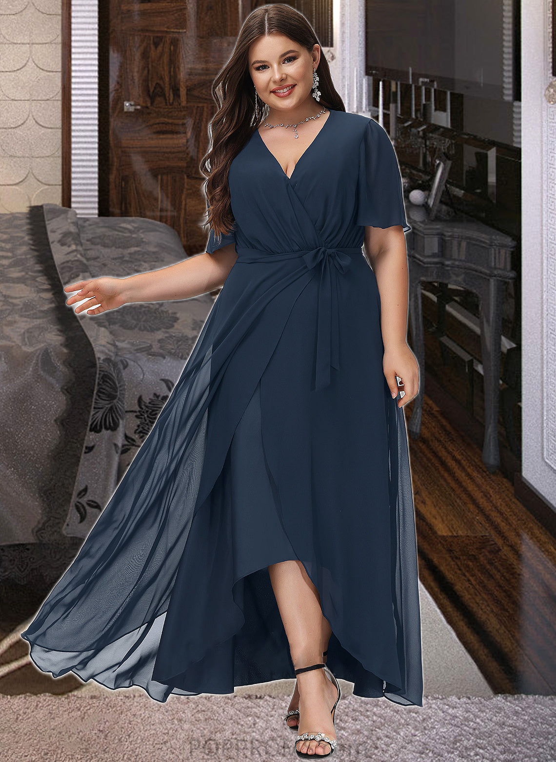 Cassidy A-LineV-neckAsymmetricalChiffonBridesmaidDressWithBow(s)#251390 PP6P0012846