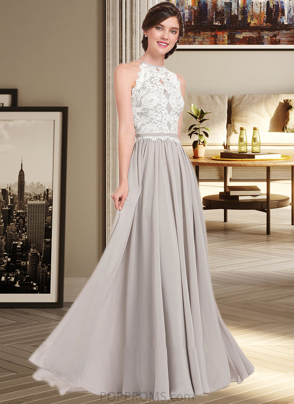 Sage A-Line Scoop Neck Floor-Length Chiffon Lace Bridesmaid Dress PP6P0012848