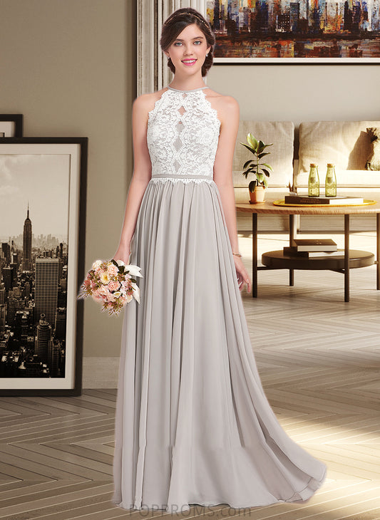 Sage A-Line Scoop Neck Floor-Length Chiffon Lace Bridesmaid Dress PP6P0012848