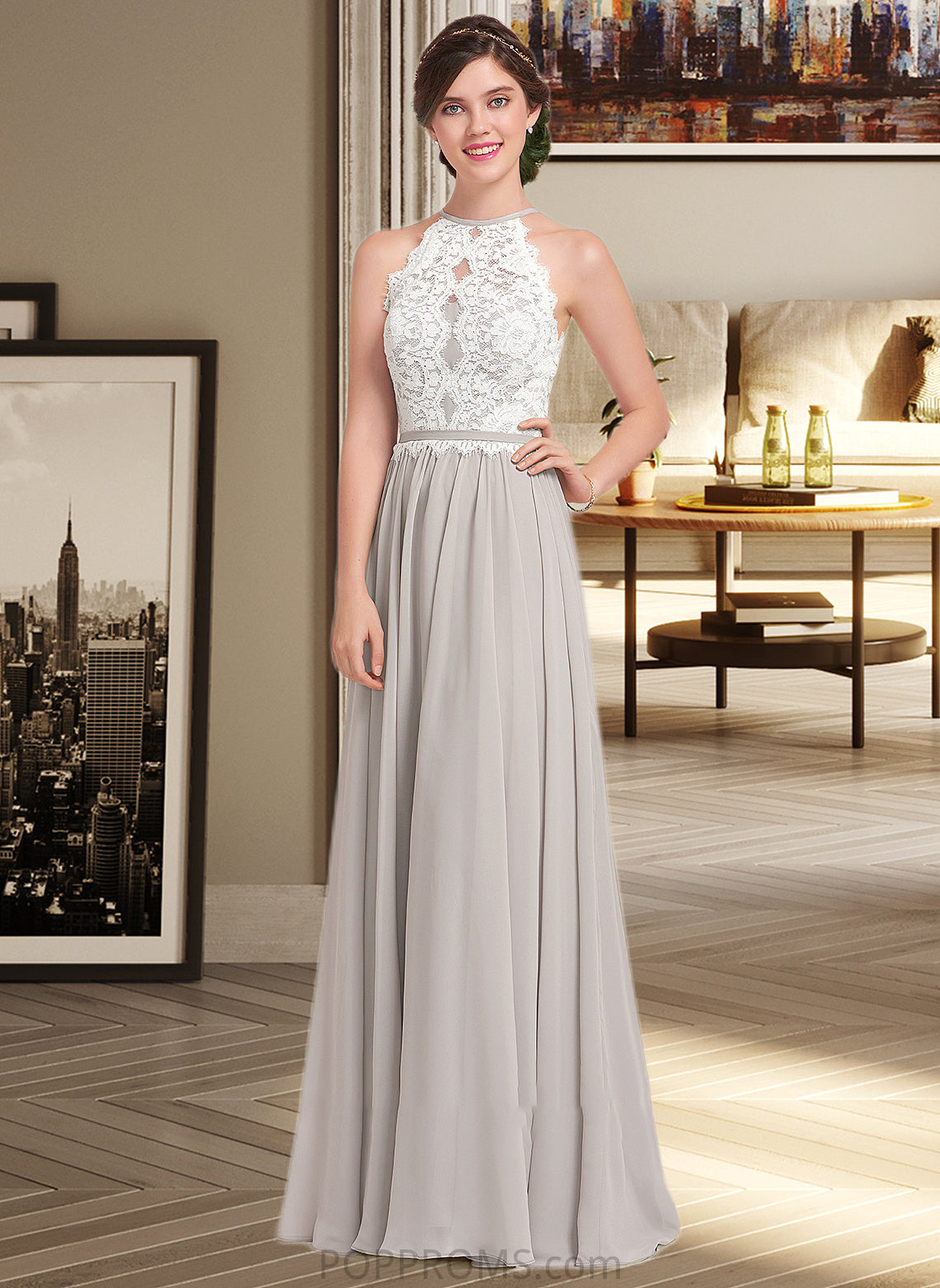 Sage A-Line Scoop Neck Floor-Length Chiffon Lace Bridesmaid Dress PP6P0012848