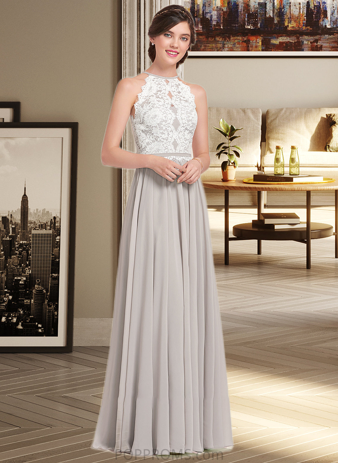 Sage A-Line Scoop Neck Floor-Length Chiffon Lace Bridesmaid Dress PP6P0012848