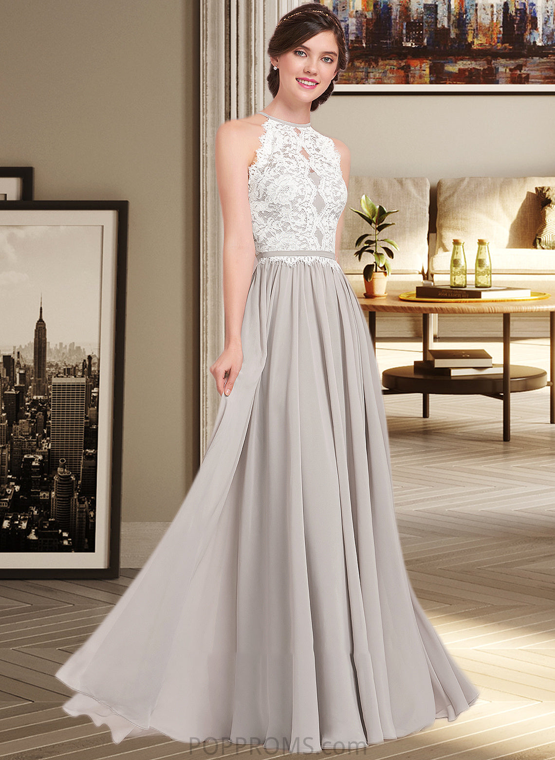 Sage A-Line Scoop Neck Floor-Length Chiffon Lace Bridesmaid Dress PP6P0012848