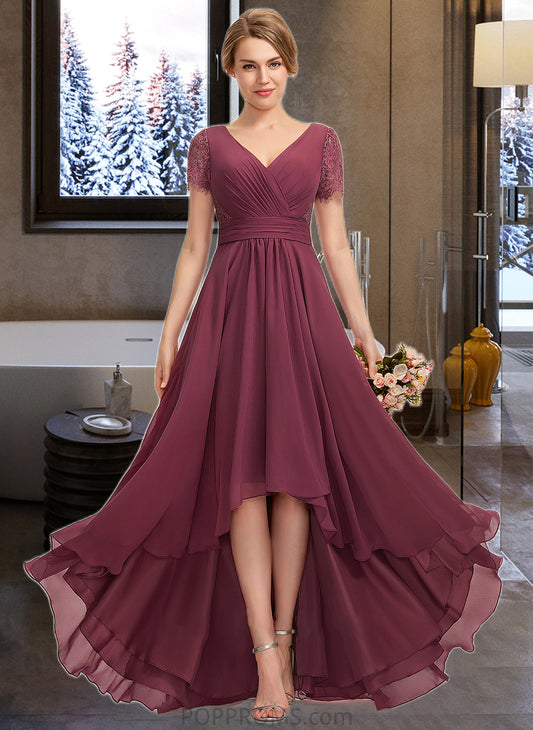 Julianne A-Line V-neck Asymmetrical Chiffon Lace Bridesmaid Dress With Ruffle PP6P0012850