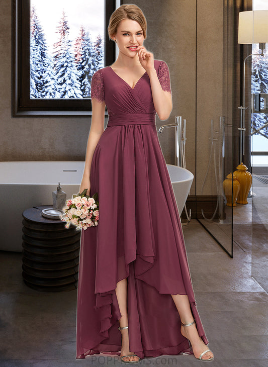 Julianne A-Line V-neck Asymmetrical Chiffon Lace Bridesmaid Dress With Ruffle PP6P0012850