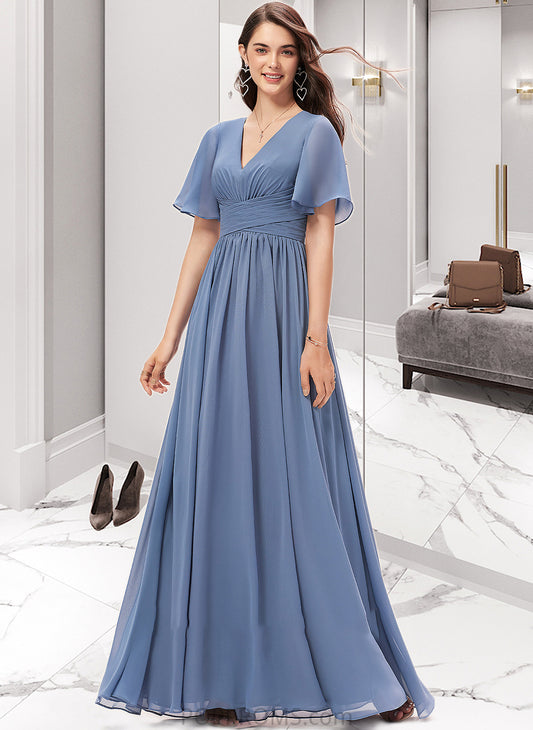 Jocelynn A-line V-Neck Floor-Length Chiffon Bridesmaid Dress With Ruffle PP6P0012857