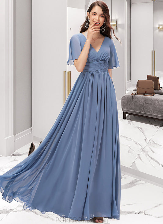 Jocelynn A-line V-Neck Floor-Length Chiffon Bridesmaid Dress With Ruffle PP6P0012857