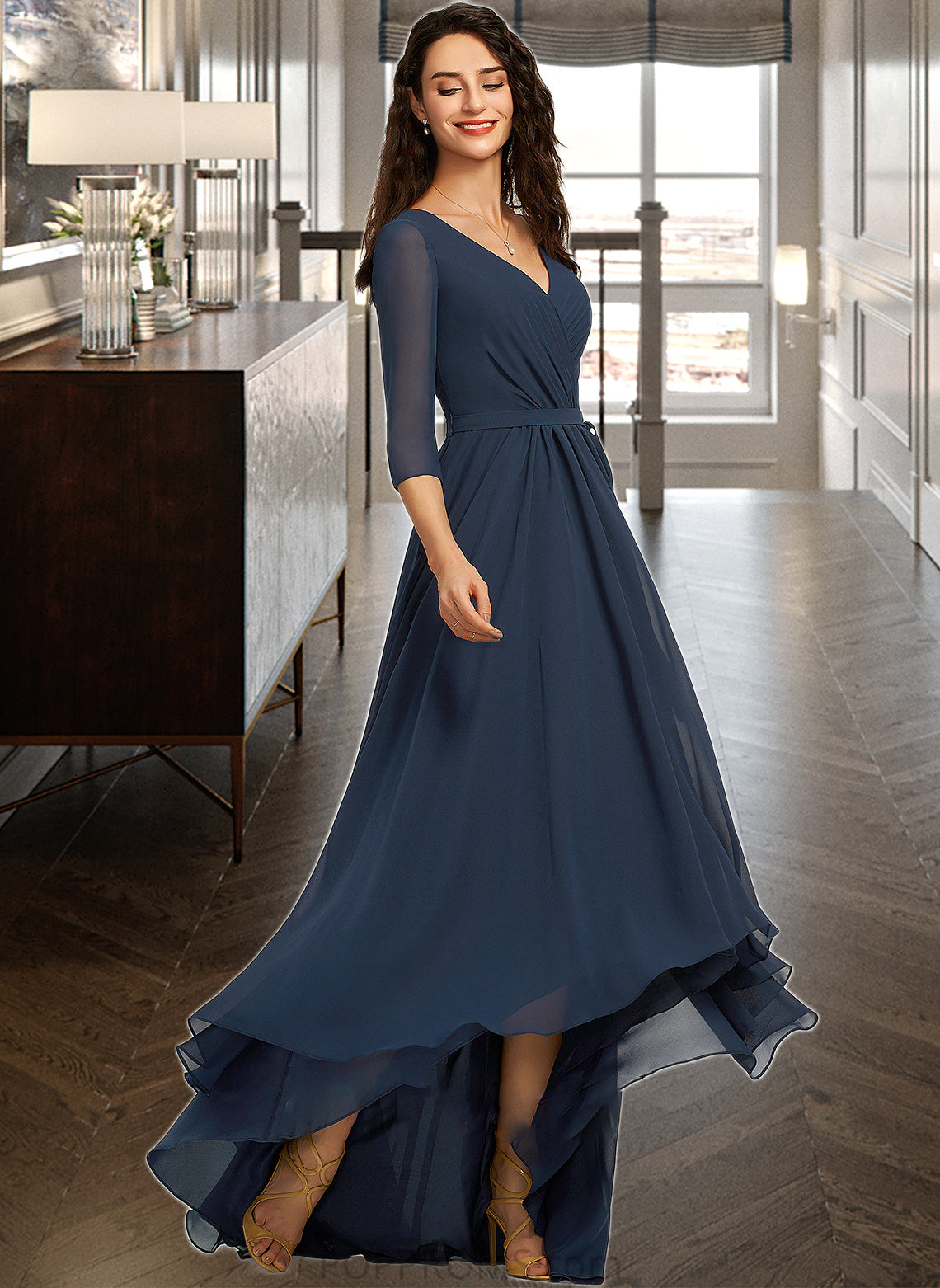 Vanessa A-Line V-neck Asymmetrical Bridesmaid Dress With Pleated PP6P0012859