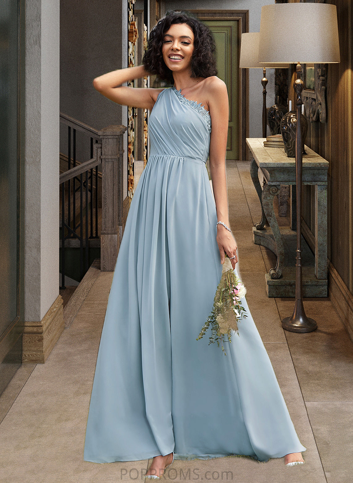 Urania A-Line One-Shoulder Floor-Length Bridesmaid Dress With Lace Sequins PP6P0012878