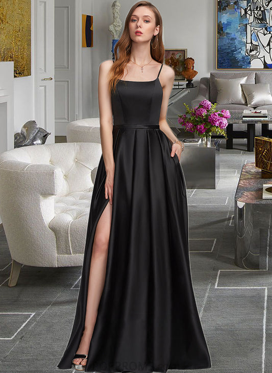 Kennedy A-Line Square Neckline Floor-Length Satin Bridesmaid Dress With Split Front Pockets PP6P0012879