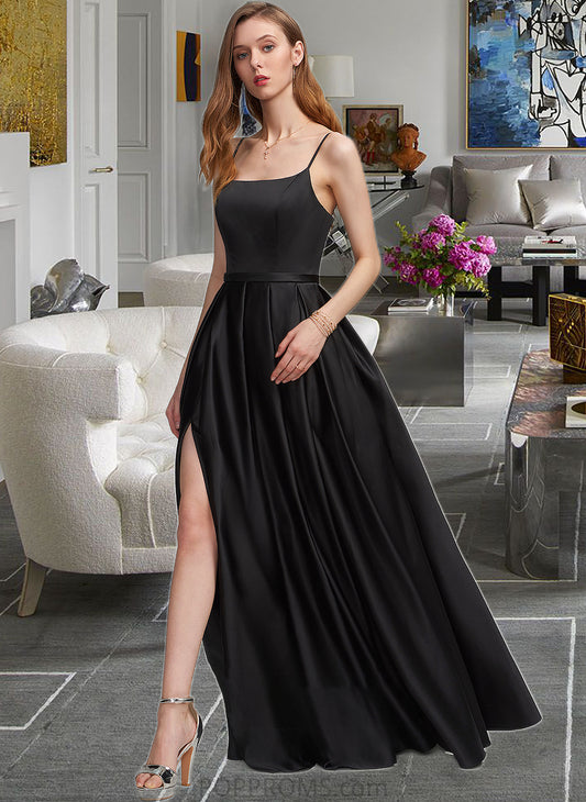 Kennedy A-Line Square Neckline Floor-Length Satin Bridesmaid Dress With Split Front Pockets PP6P0012879