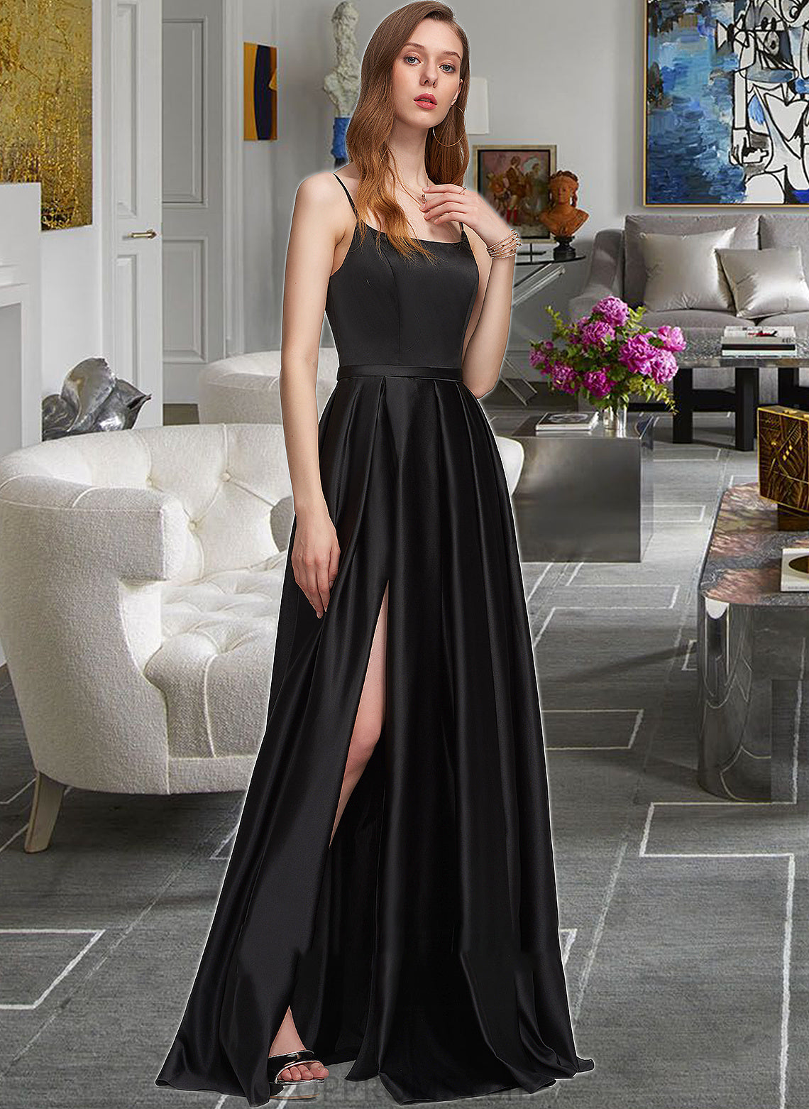 Kennedy A-Line Square Neckline Floor-Length Satin Bridesmaid Dress With Split Front Pockets PP6P0012879