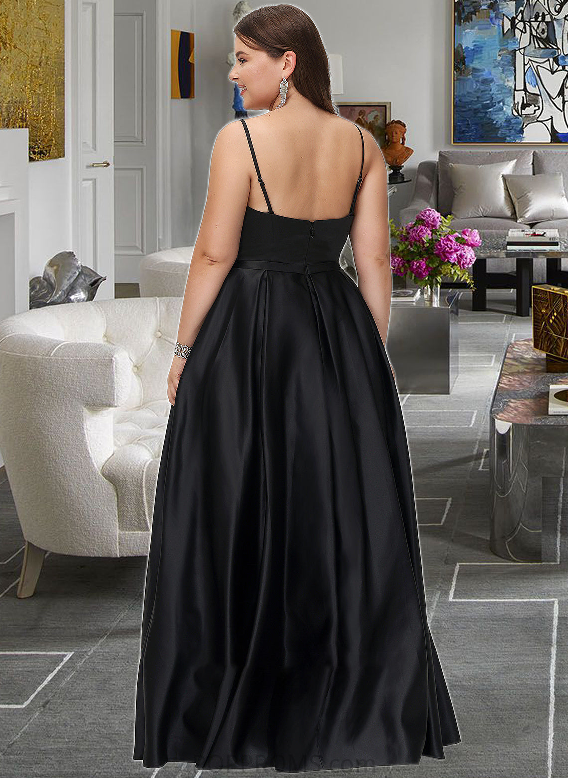 Kennedy A-Line Square Neckline Floor-Length Satin Bridesmaid Dress With Split Front Pockets PP6P0012879