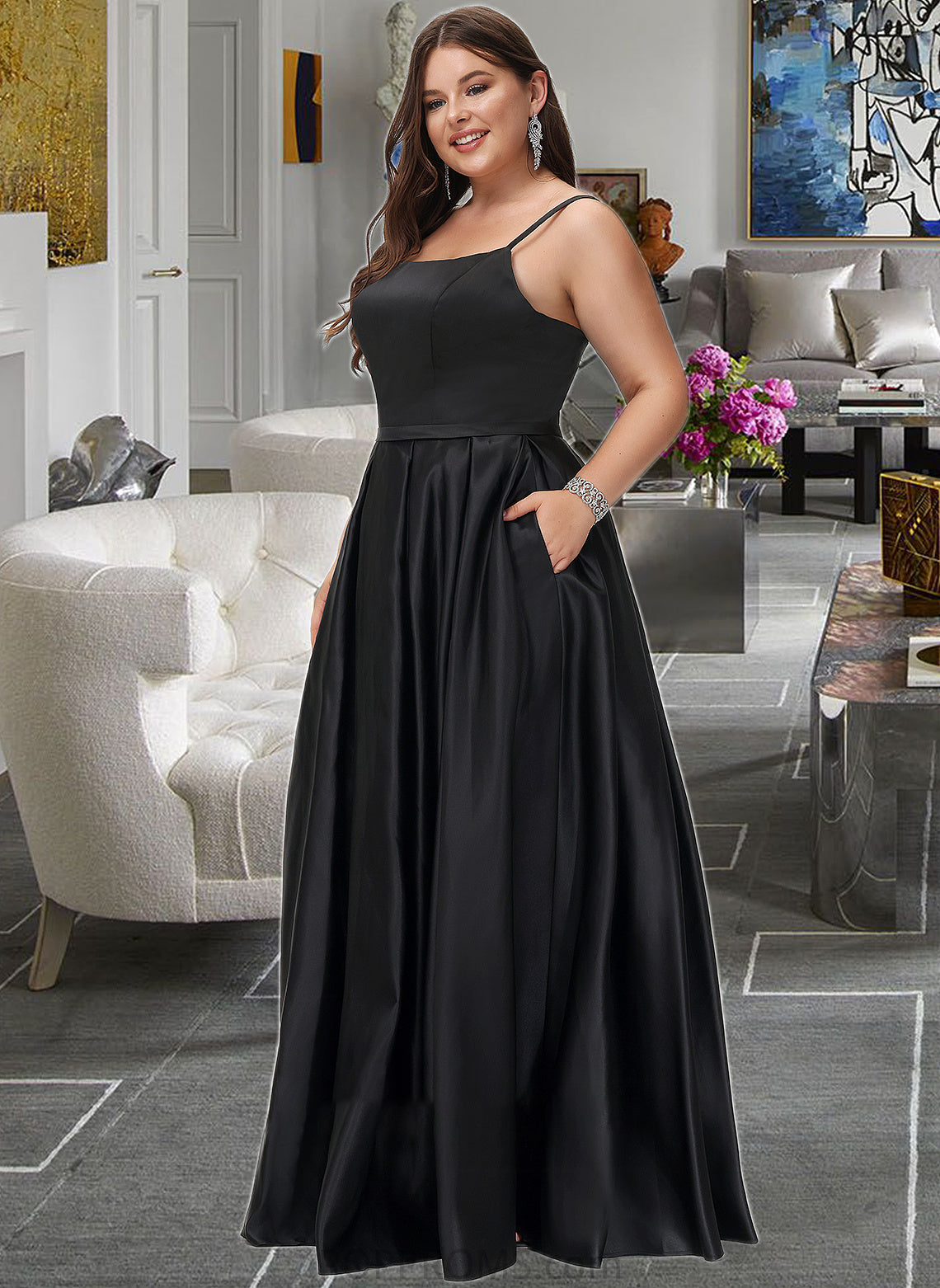 Kennedy A-Line Square Neckline Floor-Length Satin Bridesmaid Dress With Split Front Pockets PP6P0012879