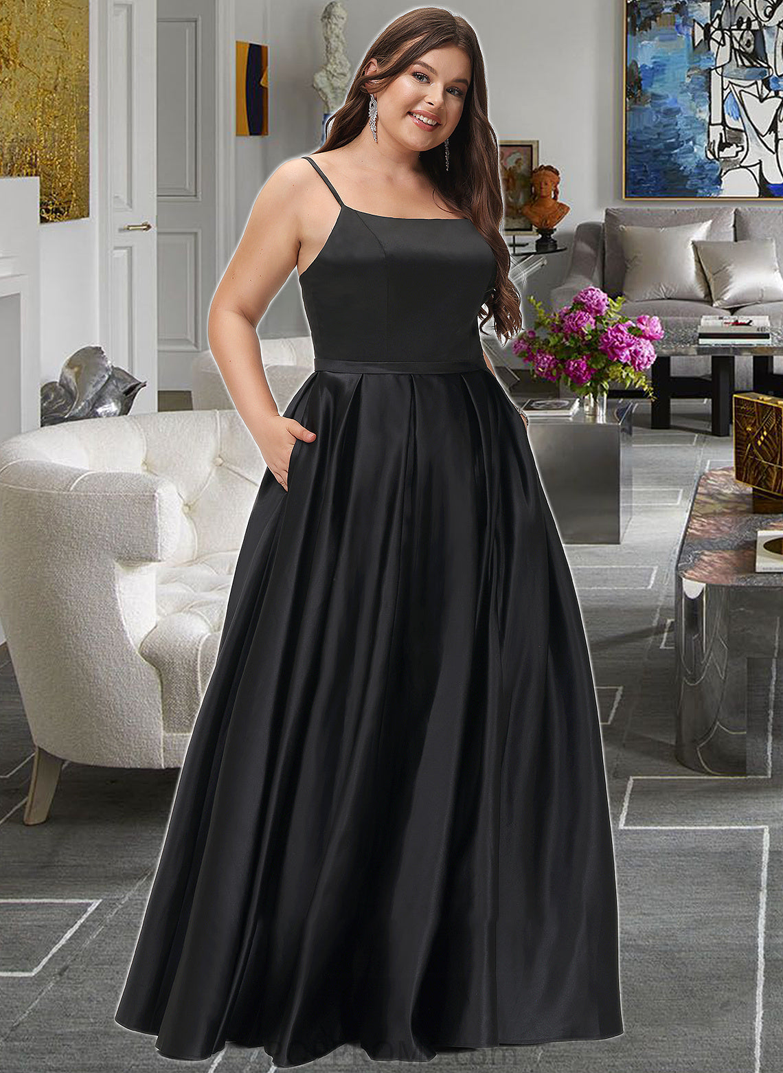 Kennedy A-Line Square Neckline Floor-Length Satin Bridesmaid Dress With Split Front Pockets PP6P0012879