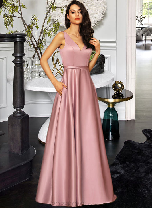 Shannon Ball-Gown/Princess V-neck Floor-Length Satin Bridesmaid Dress With Pockets PP6P0012880