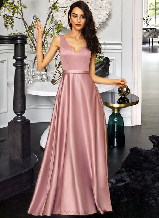 Shannon Ball-Gown/Princess V-neck Floor-Length Satin Bridesmaid Dress With Pockets PP6P0012880