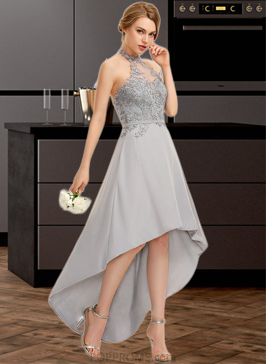 Francesca A-line Halter Asymmetrical Chiffon Lace Bridesmaid Dress PP6P0012881