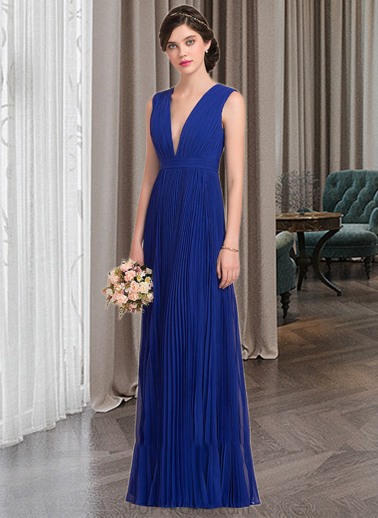 Gwendolyn A-Line V-neck Floor-Length Chiffon Bridesmaid Dress With Bow(s) Pleated PP6P0012882