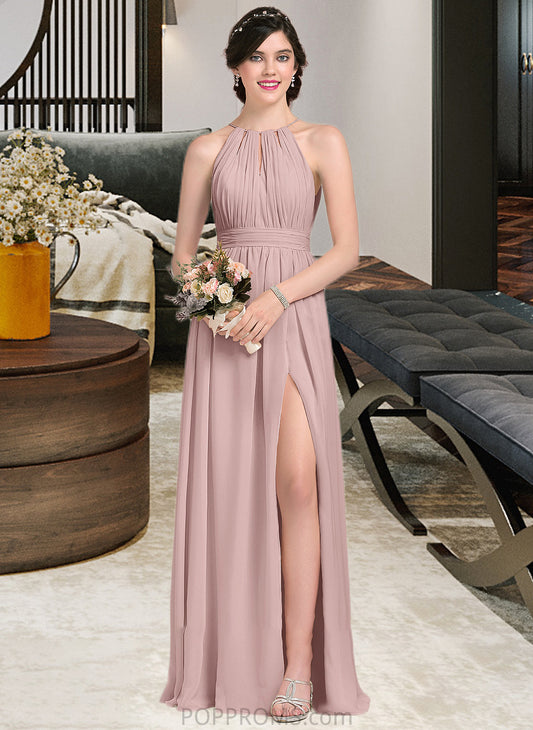 Alena A-Line Scoop Neck Floor-Length Chiffon Bridesmaid Dress With Ruffle Bow(s) Split Front PP6P0012886