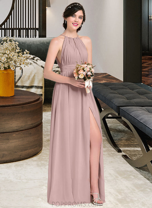 Alena A-Line Scoop Neck Floor-Length Chiffon Bridesmaid Dress With Ruffle Bow(s) Split Front PP6P0012886