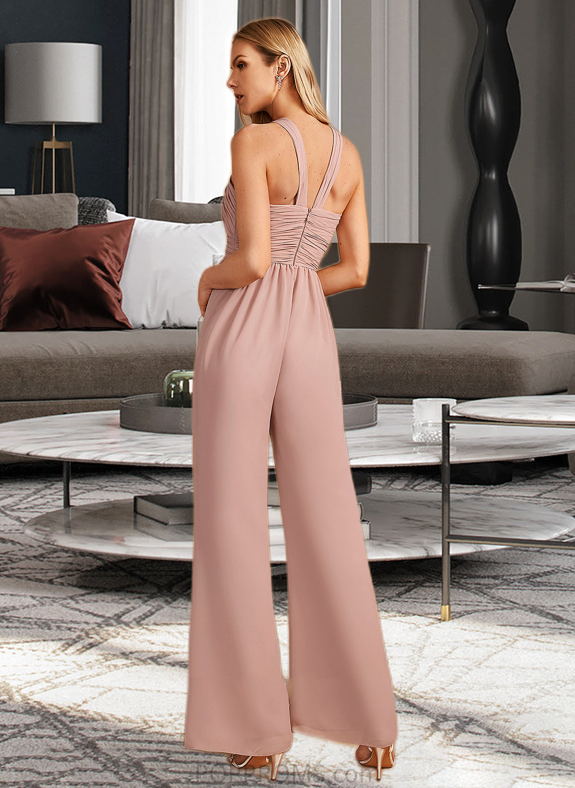 Viola Jumpsuit/Pantsuit High Neck Floor-Length Bridesmaid Dress With Pleated PP6P0012888