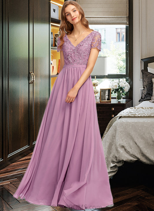 Elsa A-Line V-neck Floor-Length Chiffon Bridesmaid Dress With Split Front PP6P0012890