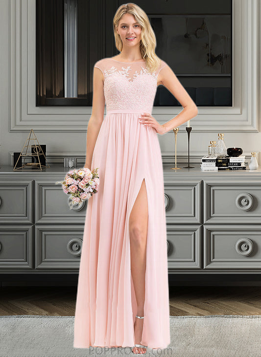 America A-Line Scoop Neck Floor-Length Chiffon Lace Bridesmaid Dress With Split Front PP6P0012896