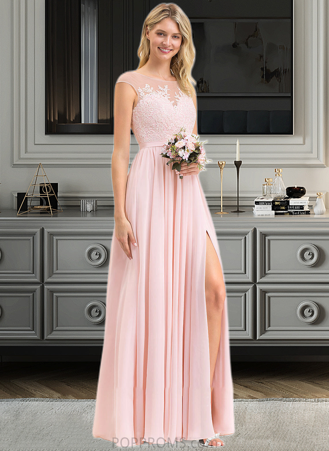 America A-Line Scoop Neck Floor-Length Chiffon Lace Bridesmaid Dress With Split Front PP6P0012896