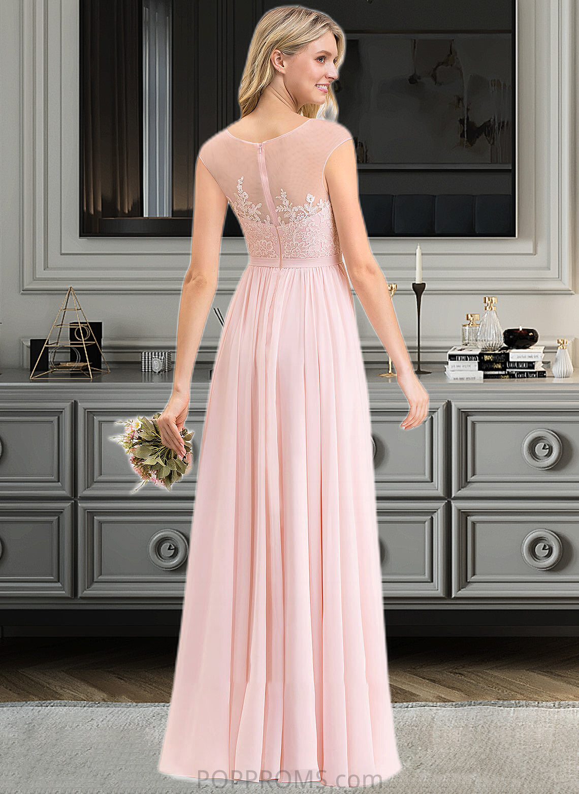 America A-Line Scoop Neck Floor-Length Chiffon Lace Bridesmaid Dress With Split Front PP6P0012896