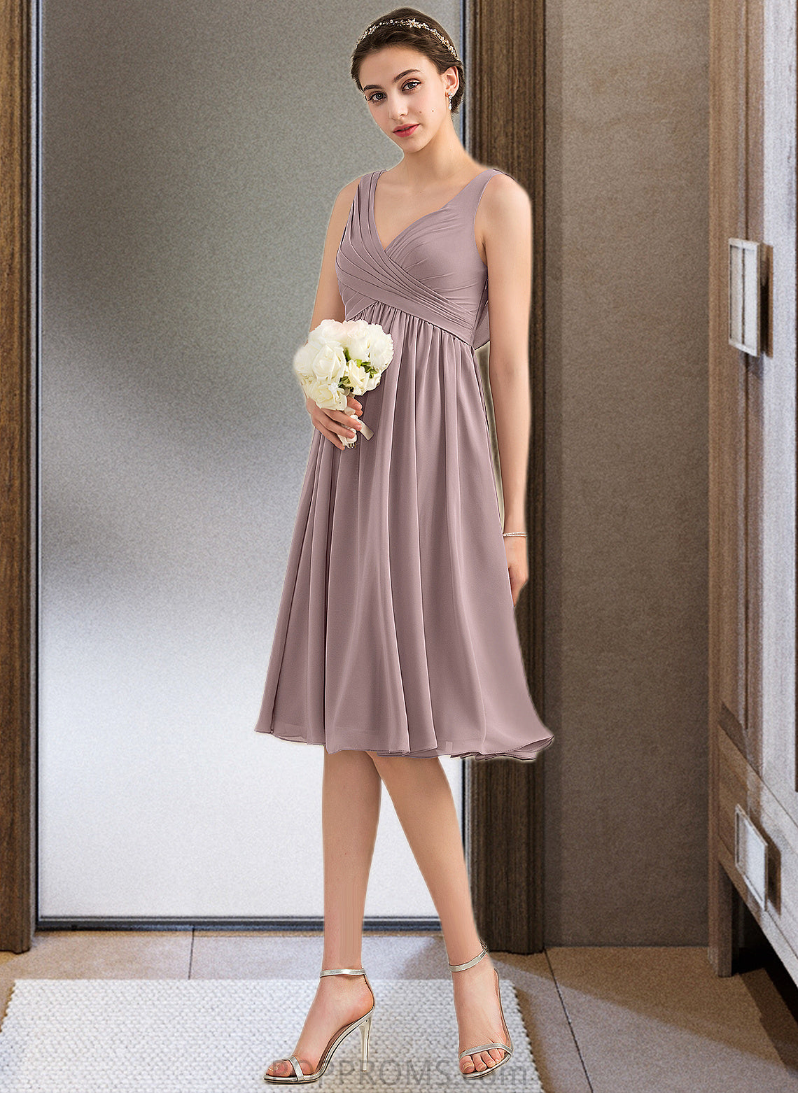 Alaina Empire V-Neck Knee-Length Chiffon Bridesmaid Dress With Cascading Ruffles PP6P0012901