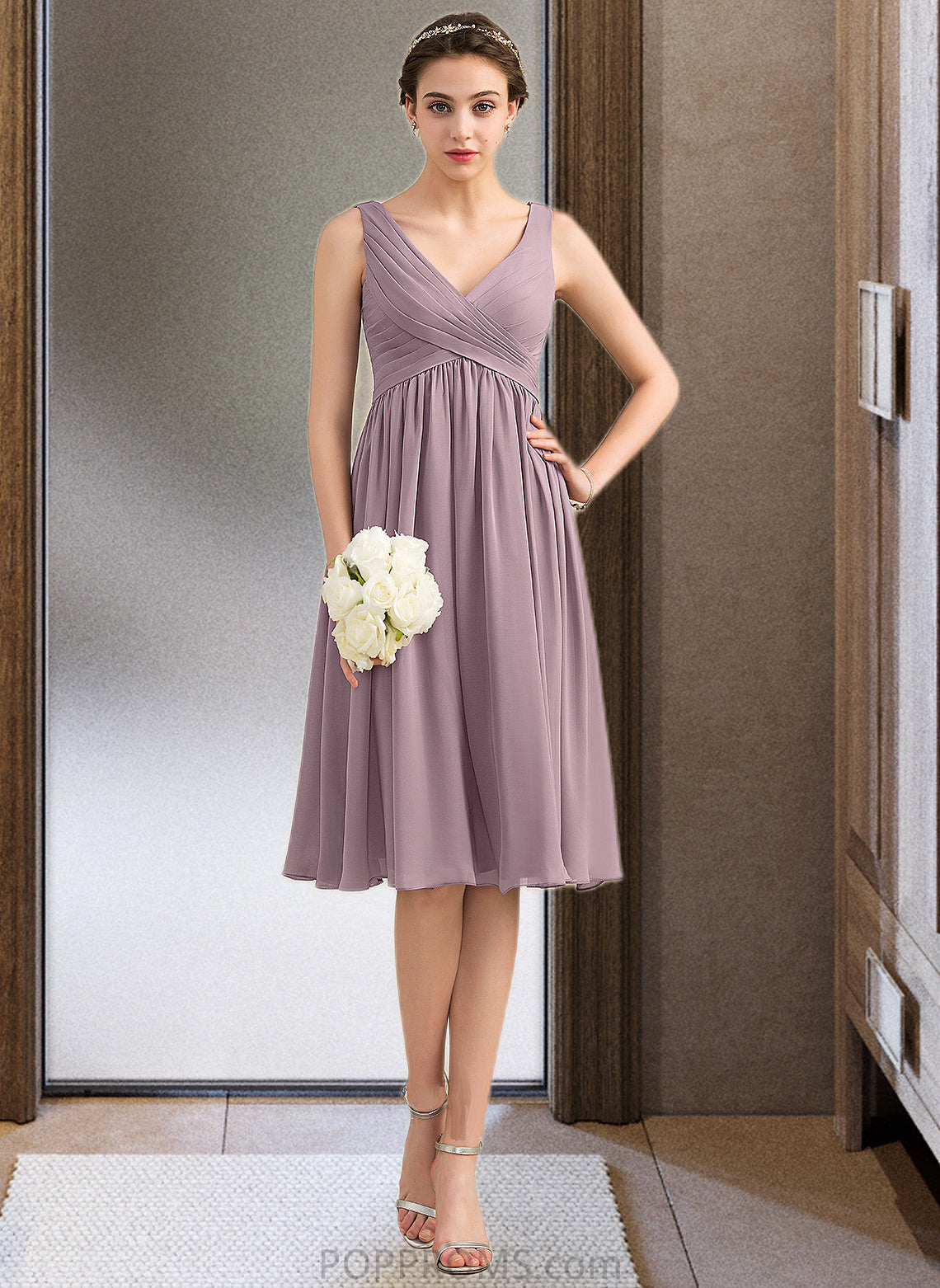 Alaina Empire V-Neck Knee-Length Chiffon Bridesmaid Dress With Cascading Ruffles PP6P0012901